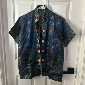 Vtg Da Shang Hai Sz M Womens Chinese/Oriental Satin BlueBrocade Embroidered Top